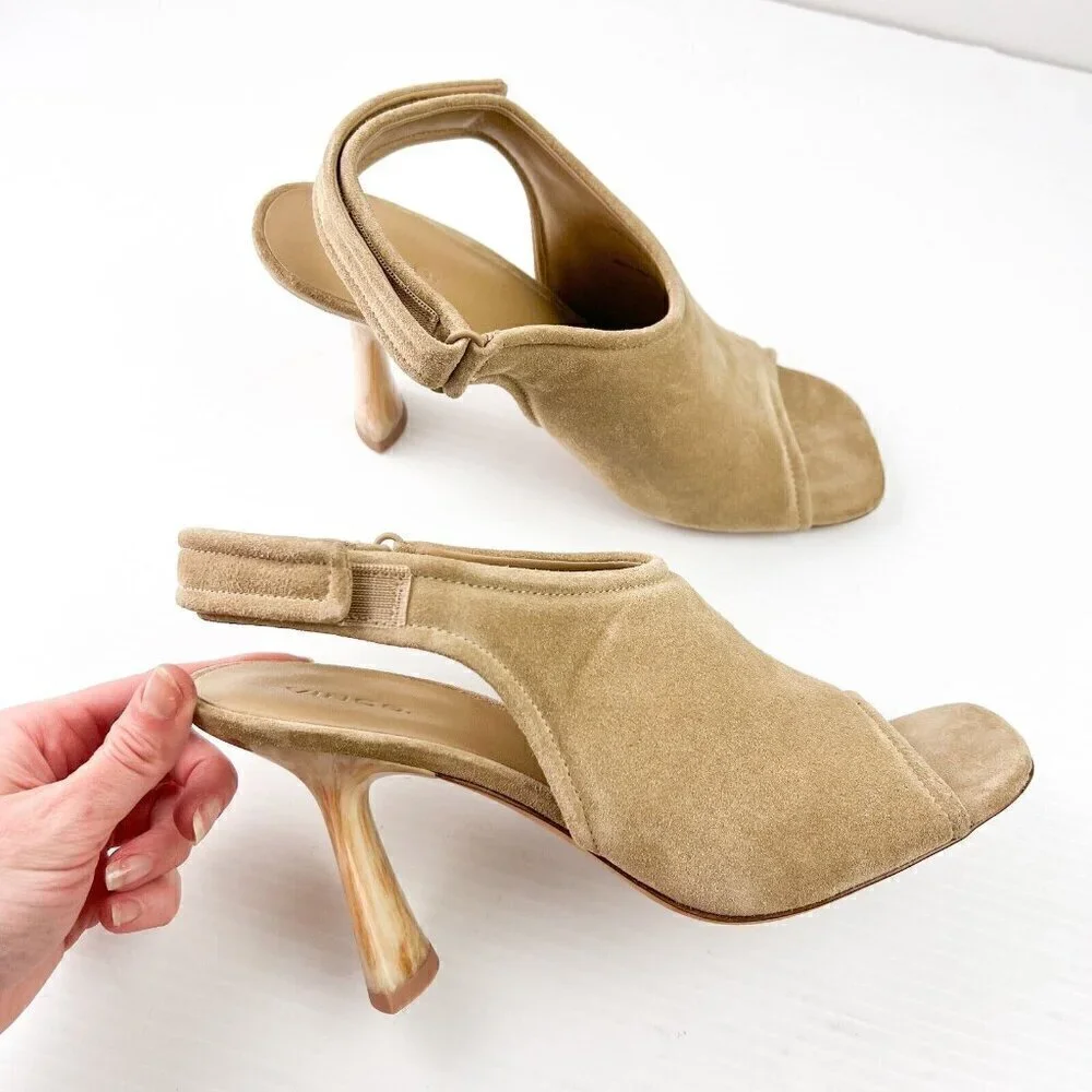 Vince Women Quest Slingback Beige Kitten Heel Leather Suede Sandals Sz 9.5M NEW